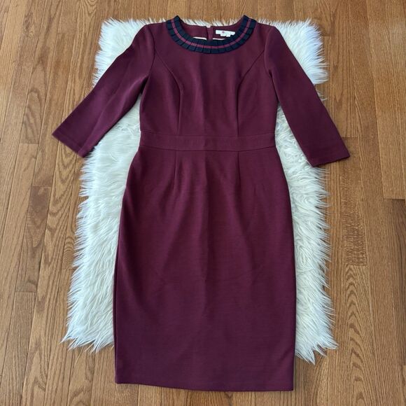 Boden Polperro Ottoman Grosgrain Dress Women’s 8R Red Navy Lined Pleated Pencil - Picture 2 of 13